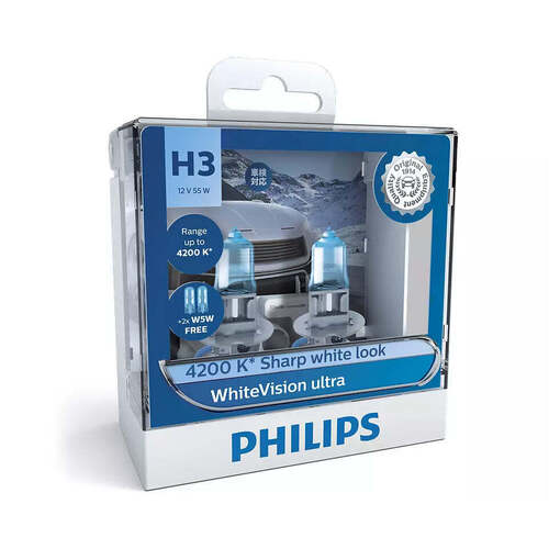Philips H3 WhiteVision Ultra 12336WVUSM 4200K Sharp White Look Head Light Globes