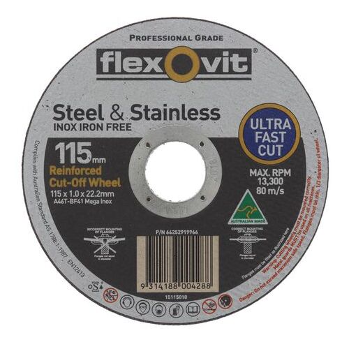 Flexovit 15115010 Reinforced Cutting Wheel 115 x 1.0 x 22mm - Sold as Each