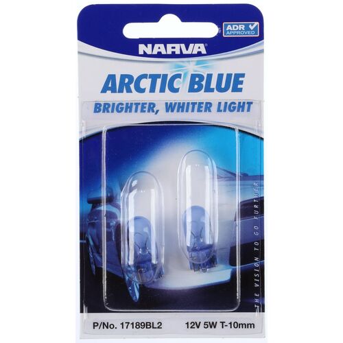 NARVA 17189BL2 12V 5W WEDGE GLOBES ARCTIC BLUE TYPE T10mm WHITE LIGHT PAIR