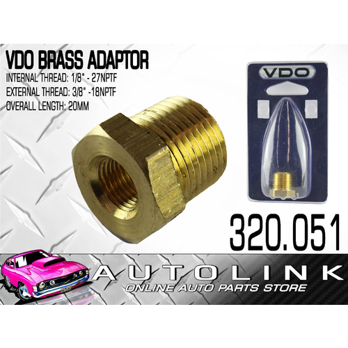 VDO BRASS ADAPTOR INT THREAD 1/8" -27NPTF EXT THREAD 3/8" -18NPTF - 20mm
