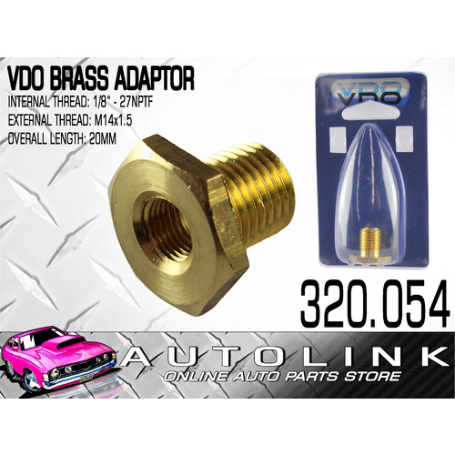 VDO 320.054 Brass Adaptor Internal 1/8in.-27NPTF External M14 x 1.5 20mm Long