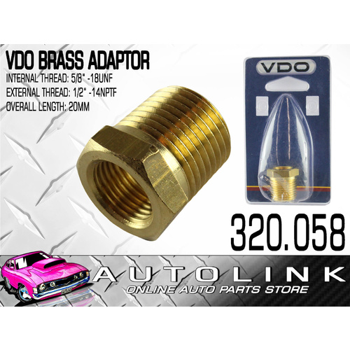 VDO 320.058 BRASS ADAPTOR 5/8" -18 UNF THREAD x 1/2" -14 NPTF - 20mm