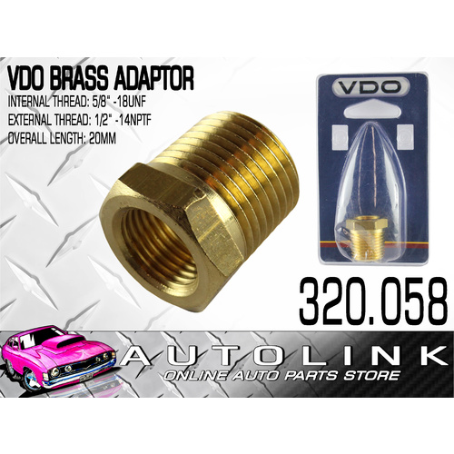 VDO 320.058 BRASS ADAPTOR INTERNAL THREAD 5/8" UNF x 1/2" NPTF 20mm LONG