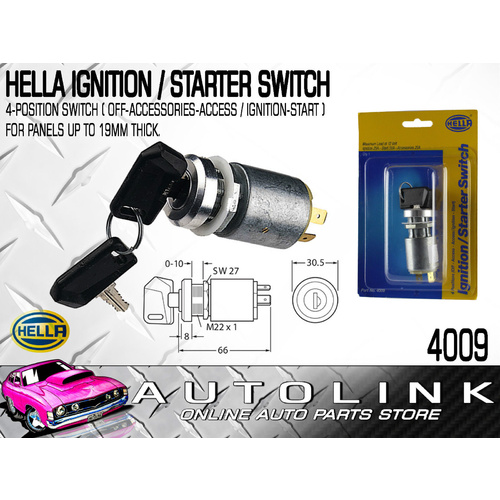 HELLA IGNITION STARTER SWITCH 4 POSITION 20A @ 12V , 22.5mm DIA MOUNTING