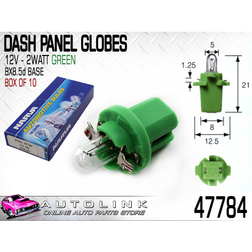 NARVA 47784 DASH PANEL GLOBES 12V 2 WATT BASE BX8.5d GREEN - BOX OF 10