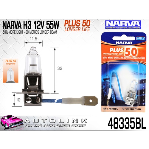 NARVA 48335BL H3 PLUS 50 HEADLIGHT GLOBE 12V 55W +50%