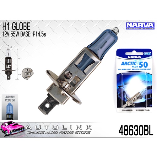 NARVA H1 HEADLIGHT GLOBE 12V 55W BASE: P14.5s ARCTIC PLUS 50% MORE LIGHT 48630BL