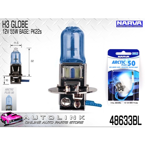 NARVA H3 GLOBE 12V 55W BASE: PK22s ARCTIC PLUS 50% MORE LIGHT 48633BL x1