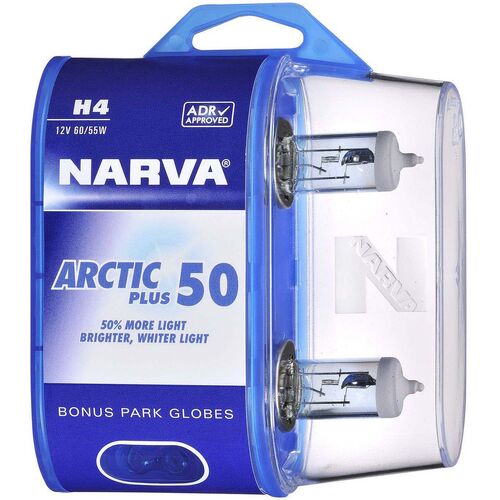 Narva 48677BL2 H4 Head Light Globes 12V 60/55W Arctic Blue Plus 50% More Light
