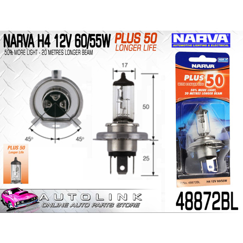 NARVA H4 PERFORMANCE GLOBE 12V 60/55W ( PLUS 50+ LONGER LIFE ) x1 48872BL