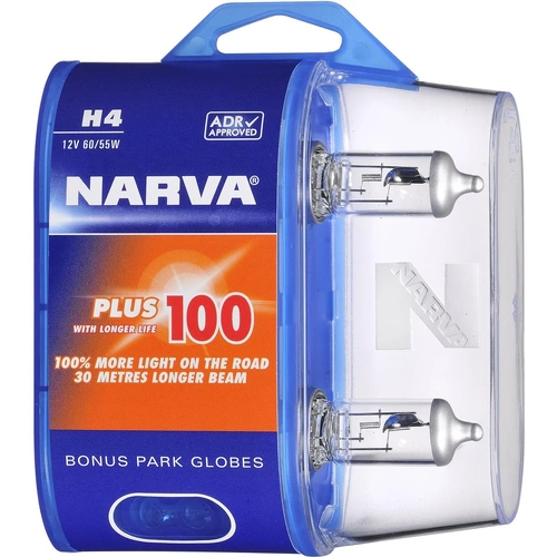 Narva 48872BL2 H4 Plus 100 Longer Life Headlight Globes 12V 60/55W Twin Pack