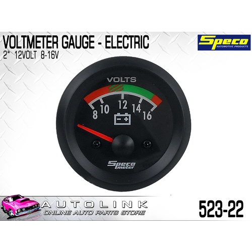 SPECO STREET SERIES 2" VOLTMETER GAUGE 12V HALF SWEEP, BLACK FACE 523-22
