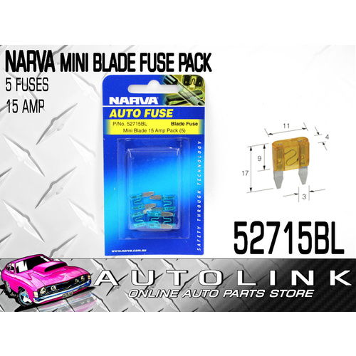 NARVA 52715BL MINI BLADE CAR FUSE PACK 15A BLUE PACK OF x5