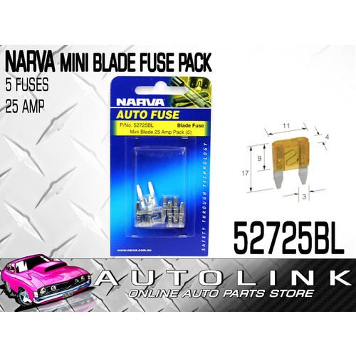 NARVA 52725BL MINI BLADE FUSE CLEAR PACK 25 AMP PACK OF x5