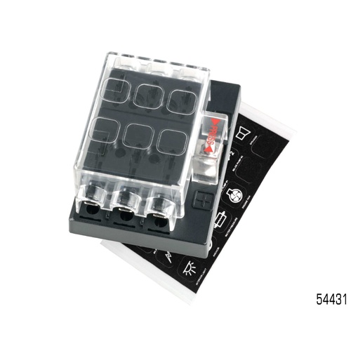 NARVA 6 WAY STANDARD BLADE FUSE BLOCK 25A WITH DECAL STICKERS & COVER 54431 