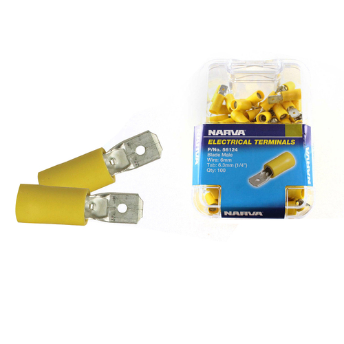 Narva Terminals Blade Male Insulated Wire 6mm Tab 6.3mm Yellow Pack of 100