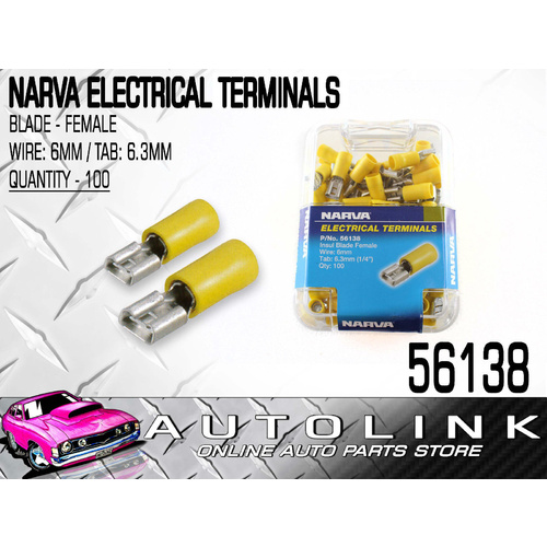 NARVA TERMINALS BLADE FEMALE INSULATED - WIRE 6mm TAB 6.3mm YELLOW PACK OF 100