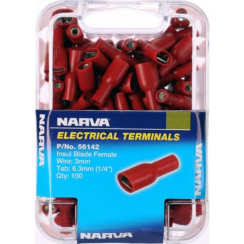 NARVA 56142 INSULATED RED FEMALE BLADE TERMINALS - WIRE 3mm TAB 6.3mm x100