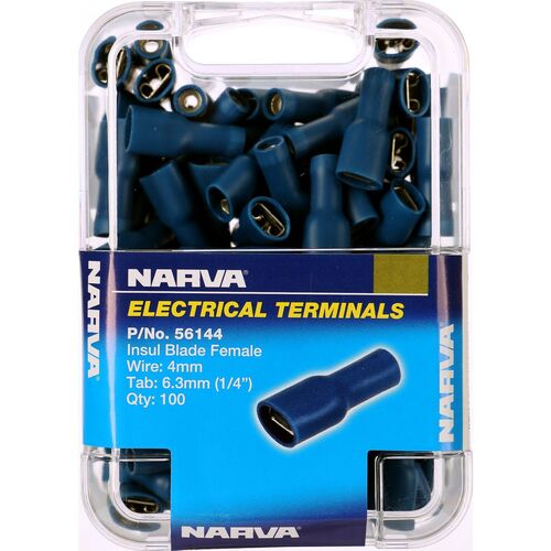 Narva Terminals Blade Female Insulated Wire 4mm Tab 6.3mm Blue Pack of 100
