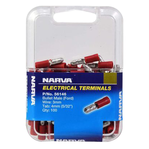 Narva 56146 Terminals Bullet Male - Wire 3mm Tab 4mm Red Pack of 100