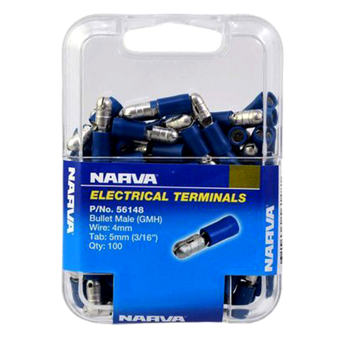 Narva 56148 Terminals Bullet Male - Wire 4mm Tab 5mm Blue Pack of 100