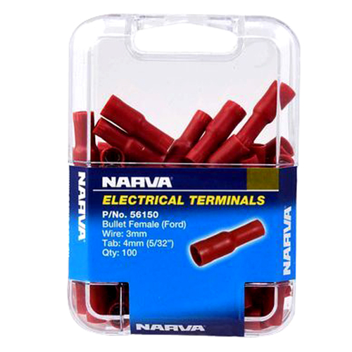 Narva 56150 Terminals Bullet Female Insulated - Wire 3mm Tab 4mm Red Pack of 100