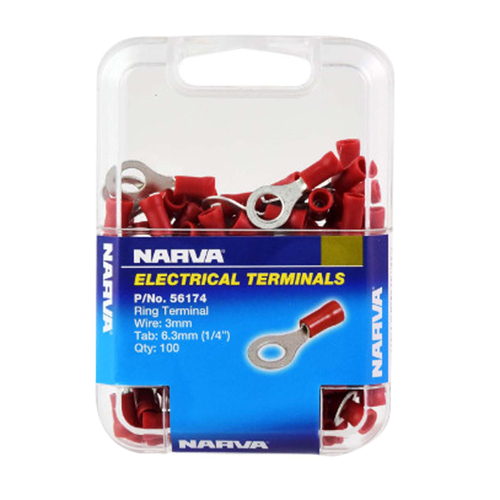 Narva 56174 Terminals Ring Type - Wire 3mm Tab 6.3mm Red Pack of 100