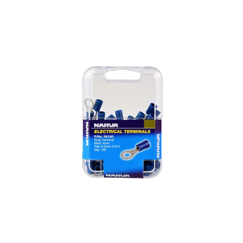 NARVA TERMINALS RING TYPE - WIRE 4mm TAB 6.3mm BLUE PACK OF 100 ( 56180 )