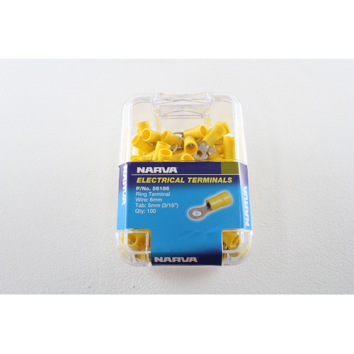 NARVA 56186 TERMINALS RING TYPE - WIRE 6mm TAB 5mm YELLOW PACK OF 100