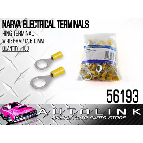 NARVA 56193 TERMINALS RING TYPE - WIRE 6mm TAB 13mm YELLOW PACK OF 100
