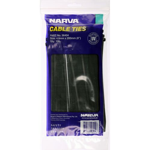 Narva 56404 Black Cable Ties 4.8mm x 200mm 8" Long 100 Pack UV Resistant