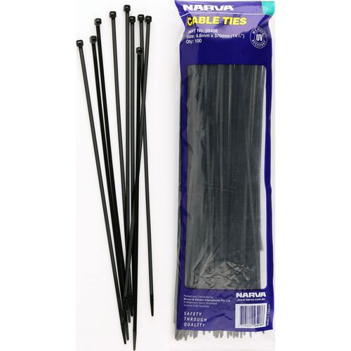NARVA 56408 BLACK CABLE TIES 4.8mm x 370mm 14 1/2" LONG 100 PACK UV RESISTANT