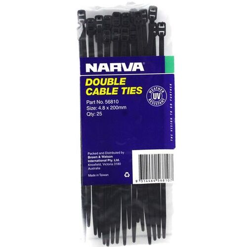 NARVA 56810 DOUBLE HEAD DUAL SLOT BLACK CABLE TIES 4.8mm x 200mm - 25 PACK