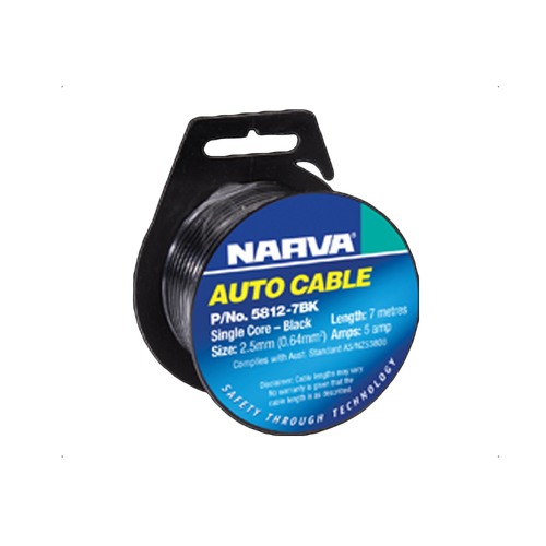 NARVA 5812-7BK SINGLE CORE CABLE BLACK 2.5mm DIA - 7 METRE ROLL - 5 AMP RATED