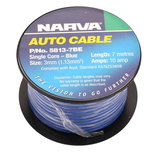 Narva 5813-7BE Single Core Cable Blue 3mm Dia 7 Metre Roll 10 Amp Rated