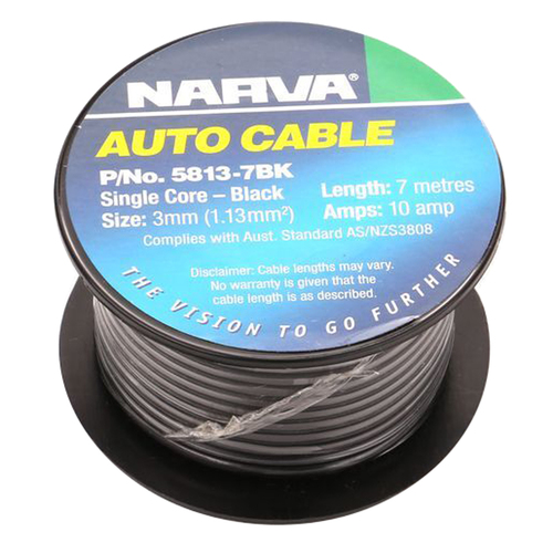 Narva 5813-7BK Single Core Cable Black 3mm Dia 7 Metre Roll 10 Amp Rated