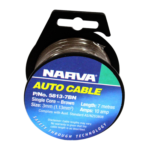 Narva 5813-7BN Single Core Cable Brown 3mm Dia 7 Metre Roll 10 Amp Rated