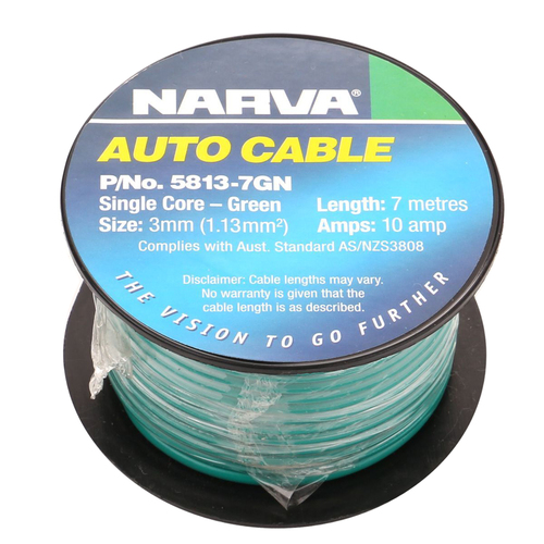 Narva 5813-7GN Single Core Cable Green 3mm Dia 7 Metre Roll 10 Amp Rated