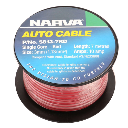 Narva 5813-7RD Single Core Cable Red 3mm Dia 7 Metre Roll 10 Amp Rated
