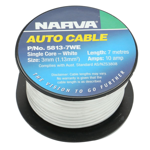Narva 5813-7WE Single Core Cable White 3mm Dia 7 Metre Roll 10 Amp Rated