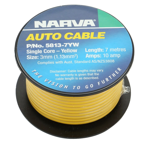 Narva 5813-7YW Single Core Cable Yellow 3mm Dia 7 Metre Roll 10 Amp Rated