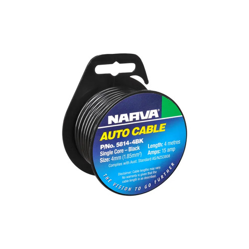 NARVA 5814-4BK SINGLE CORE CABLE BLACK 4mm DIA 4 METRE ROLL - 15 AMP RATED