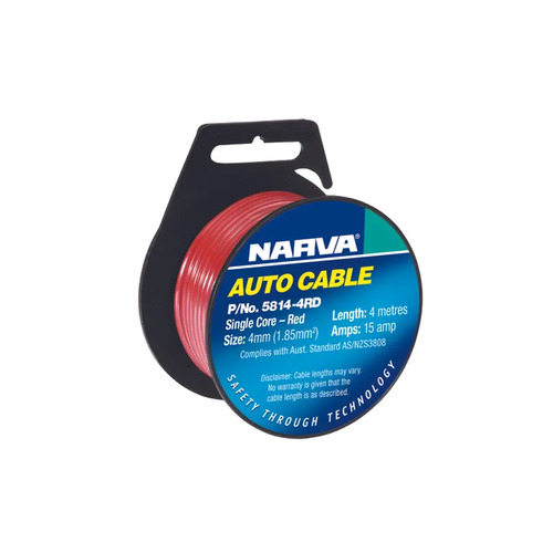 NARVA 5814-4RD SINGLE CORE CABLE RED 4mm DIA 4 METRE ROLL - 15 AMP RATED