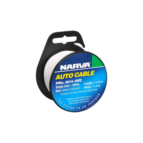 NARVA 5814-4WE SINGLE CORE CABLE WHITE 4mm DIA 4 METRE ROLL - 15 AMP RATED