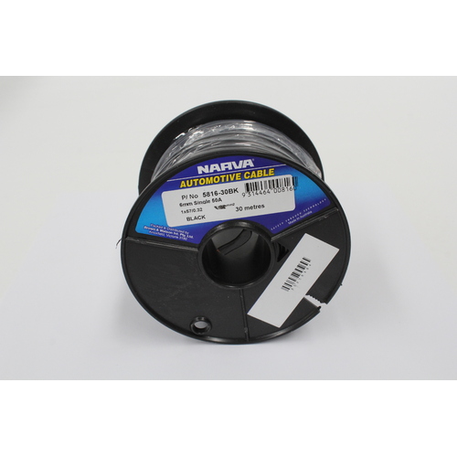 NARVA SINGLE CORE CABLE - BLACK 25 AMP 6mm 30 METRE ROLL ( 5816-30BK ) 