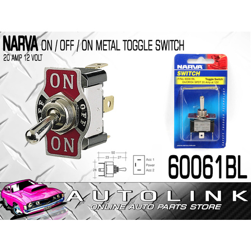 NARVA ON/OFF/ON METAL TOGGLE SWITCH WITH ON/OFF/ON TAB 20 AMP 12 VOLT 