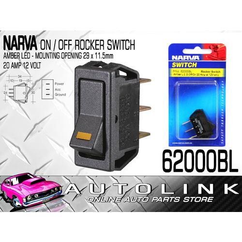 Narva Off/On Rocker Switch with Amber L.E.D 20 Amp 12 Volt Mounting: 29 x 11.5mm