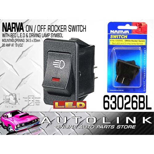 NARVA 63026BL ROCKER SWITCH ON OFF WITH RED LED & DRIVING LAMP SYMBOL 