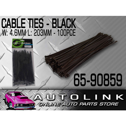 CABLE TIES 100 PACK 203mm x 4.6mm BLACK WEATHER RESISTANT UNIVERSAL WIRE ZIP TIE