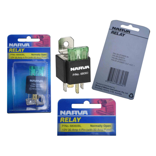 Narva Relay 12 Volt 4 Pin 30 Amp with 30 Amp Fuse for Lights Pumps 68060BL x5